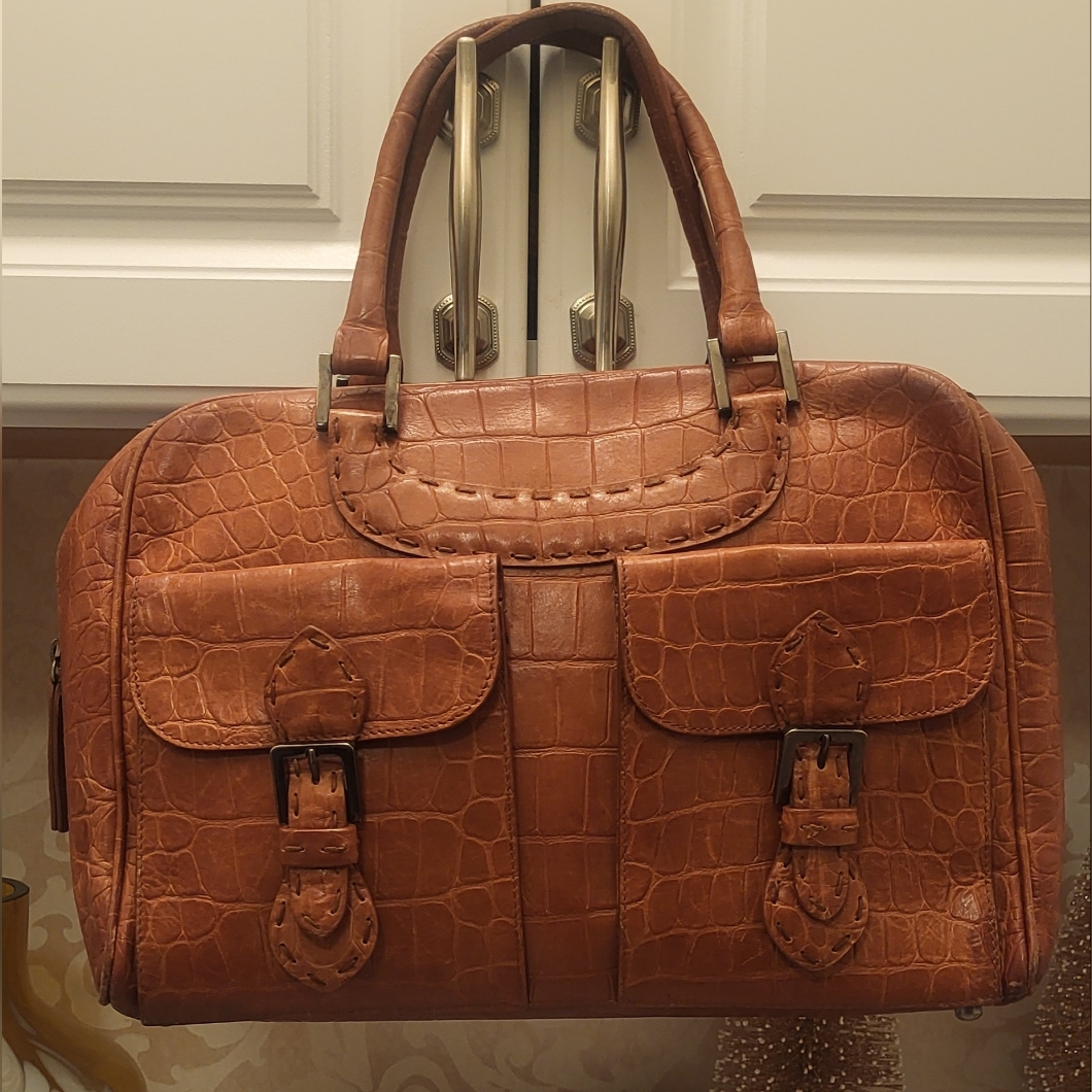 Leather Brown Crocodile Pattern Shoulder Bag